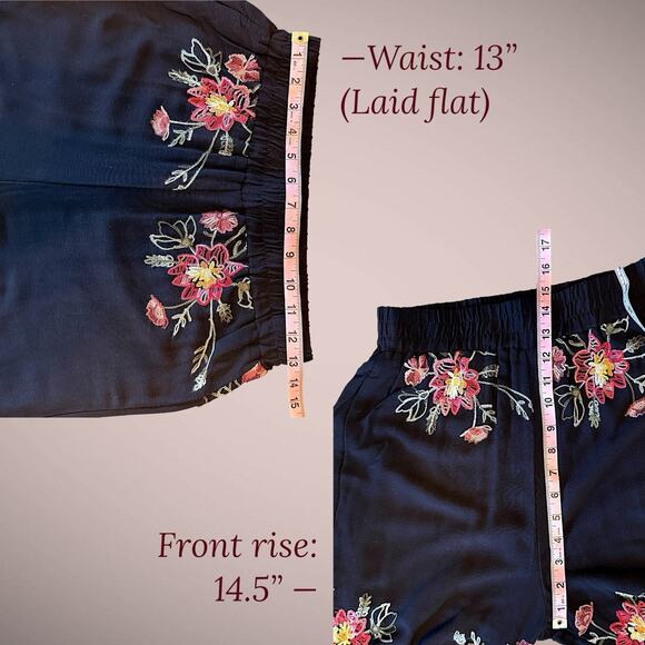 LIV Los Angeles Embroidered Wide Leg Pants Black Floral Boho Festival Rayon Sz S - Picture 7 of 11